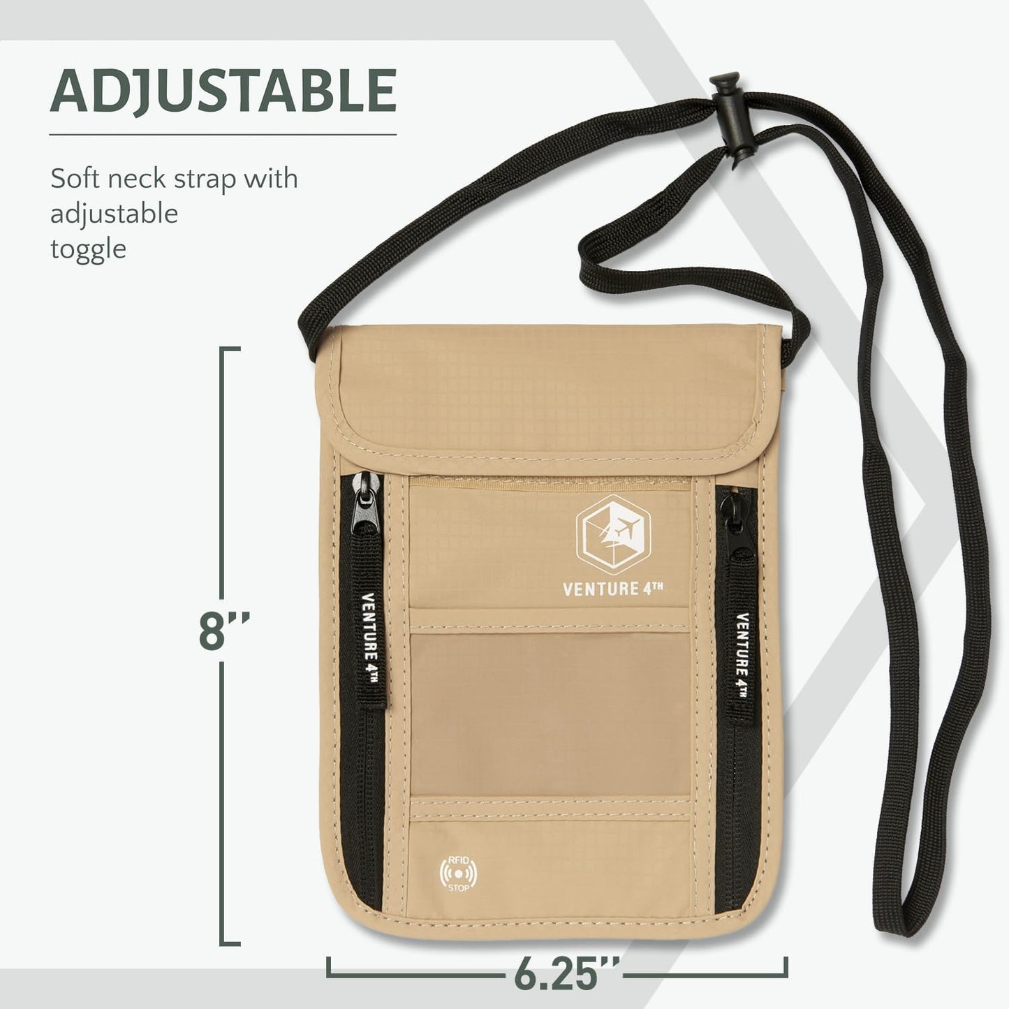 VENTURE 4TH Neck Wallet, RFID Blocking Passport Holder for Travel – Hidden Neck Pouch with 6 Compartments, Slim Lightweight Organizer with Adjustable Strap for Cash, Cards & Passport (Beige)