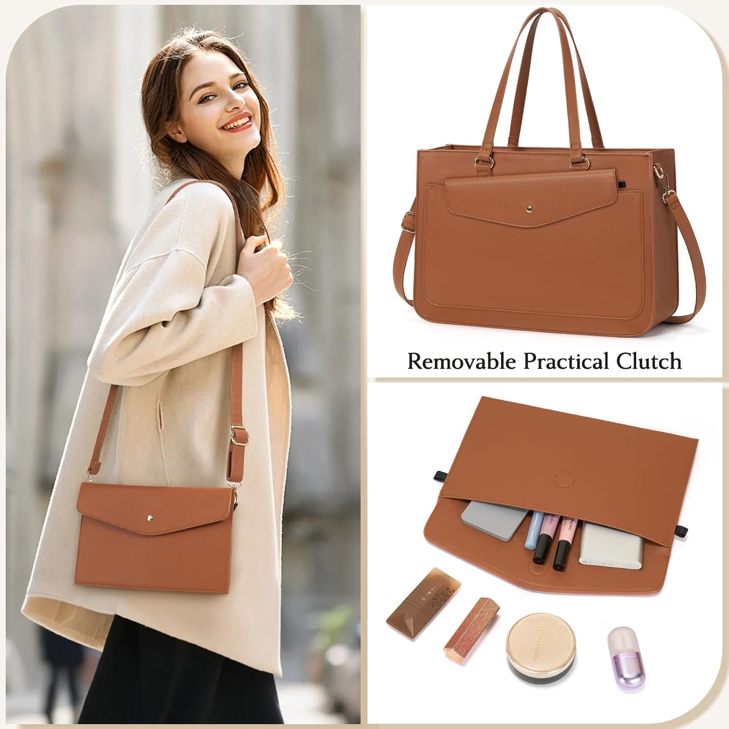 RAINSMORE Laptop Bag for Women 15.6 Inch Work Tote Bags Leather Laptop Tote Waterproof Computer Bag