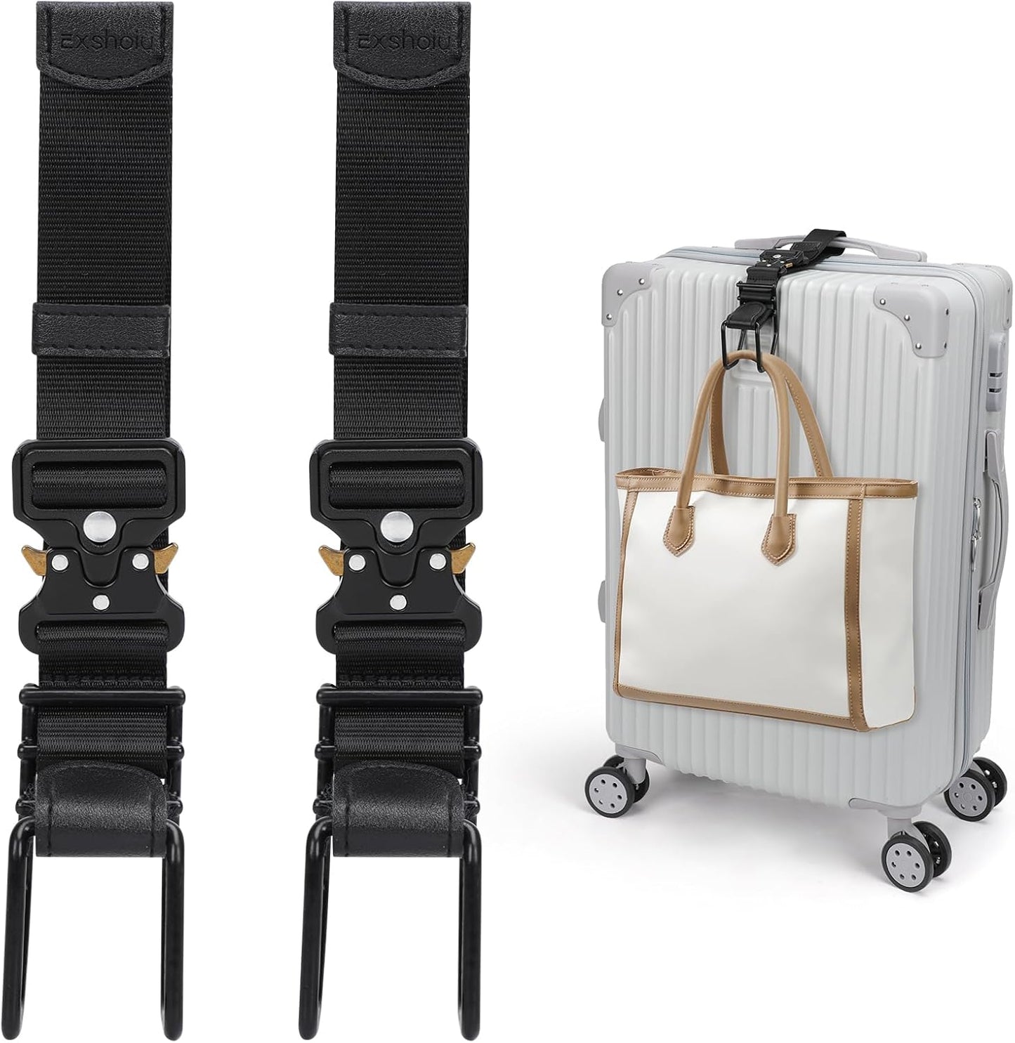 Luggage Hook Strap, J Hook Luggage Strap Flight Attendant with Hands Free, Adjustable Travel Luggage Straps for Add a Bag Hook (Black-2PCS)