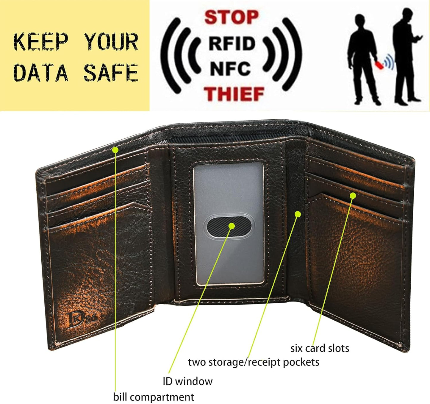 DK86 Skull Trifold Wallets for Men Full Grain Leather with Hand Burnished Tri-Fold Wallet RFID Blocking (Black and Brown: Style B)