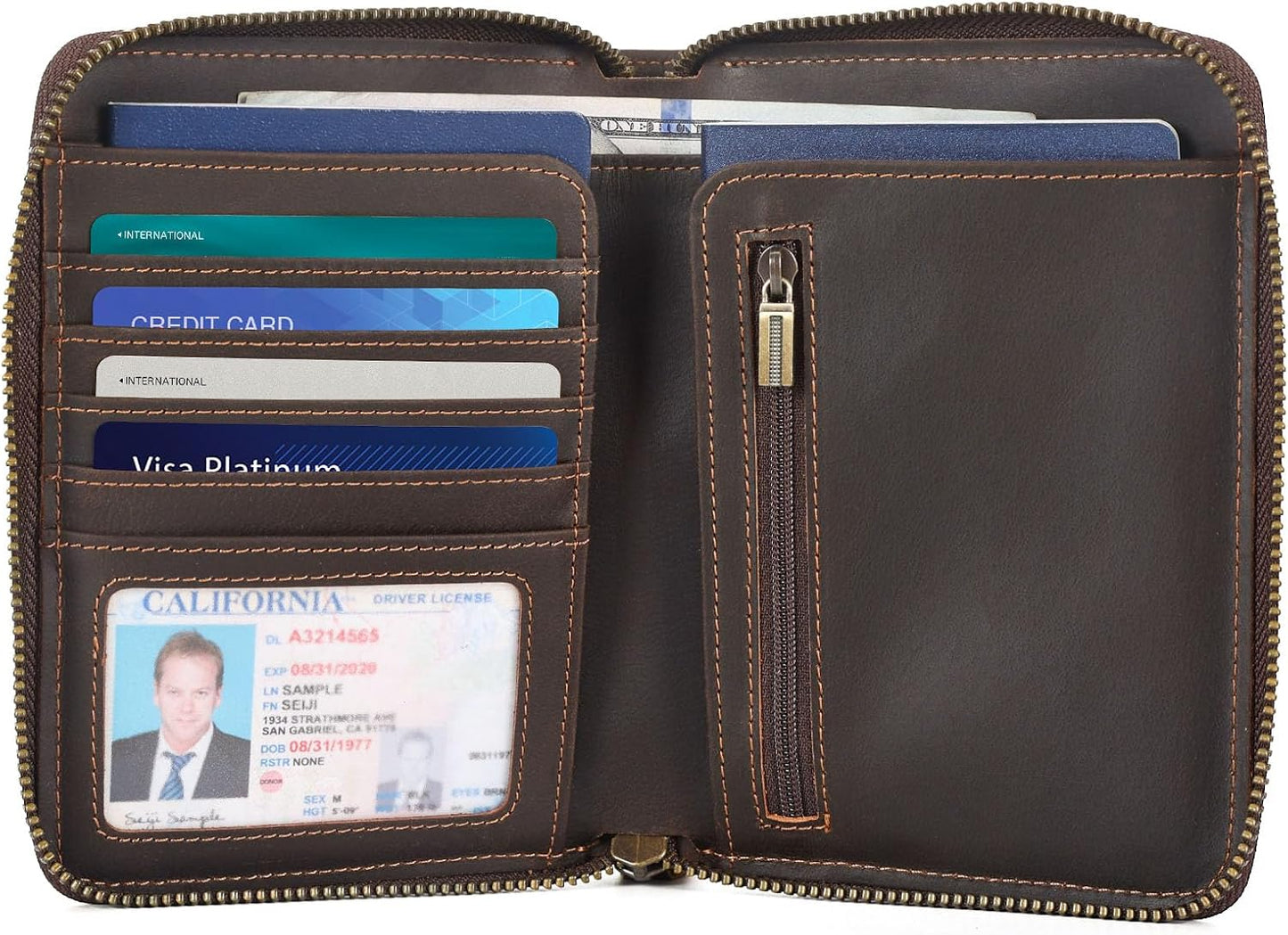 Retro Passport Cover Genuine Leather Unisex Travel Zipper Wallet RFID Blocking (Dark Brown)