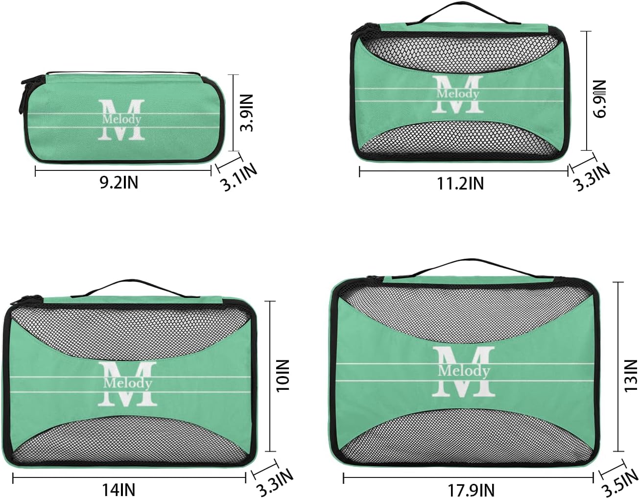 Personalized 4 Set Packing Cubes Luggage Packing Organizers Travel Accessories for Women Girls Men, Mint Green with Initial Letter