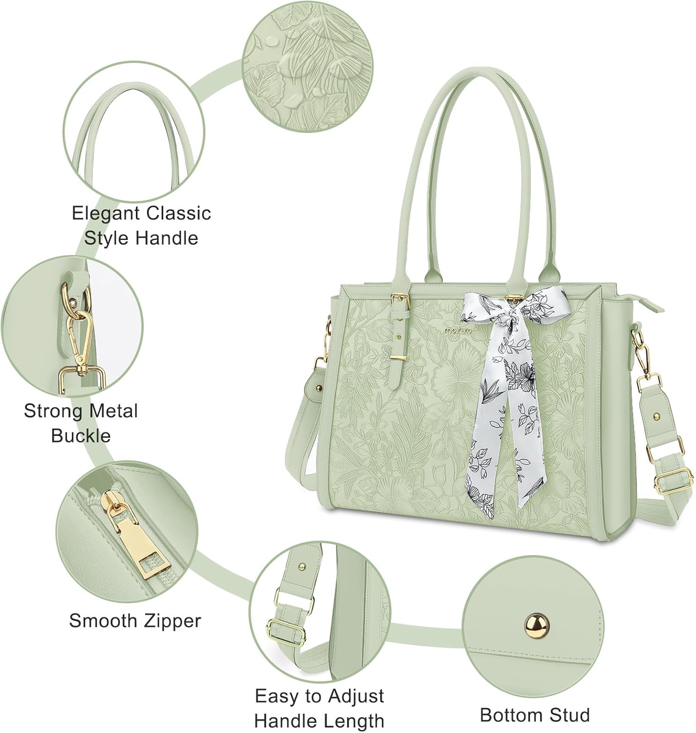 MOSISO Laptop Bag for Women, PU Leather Tote Bag, Front Embossed Retro Hibiscus Computer Bags with Silk Scarf&Clutch Purse