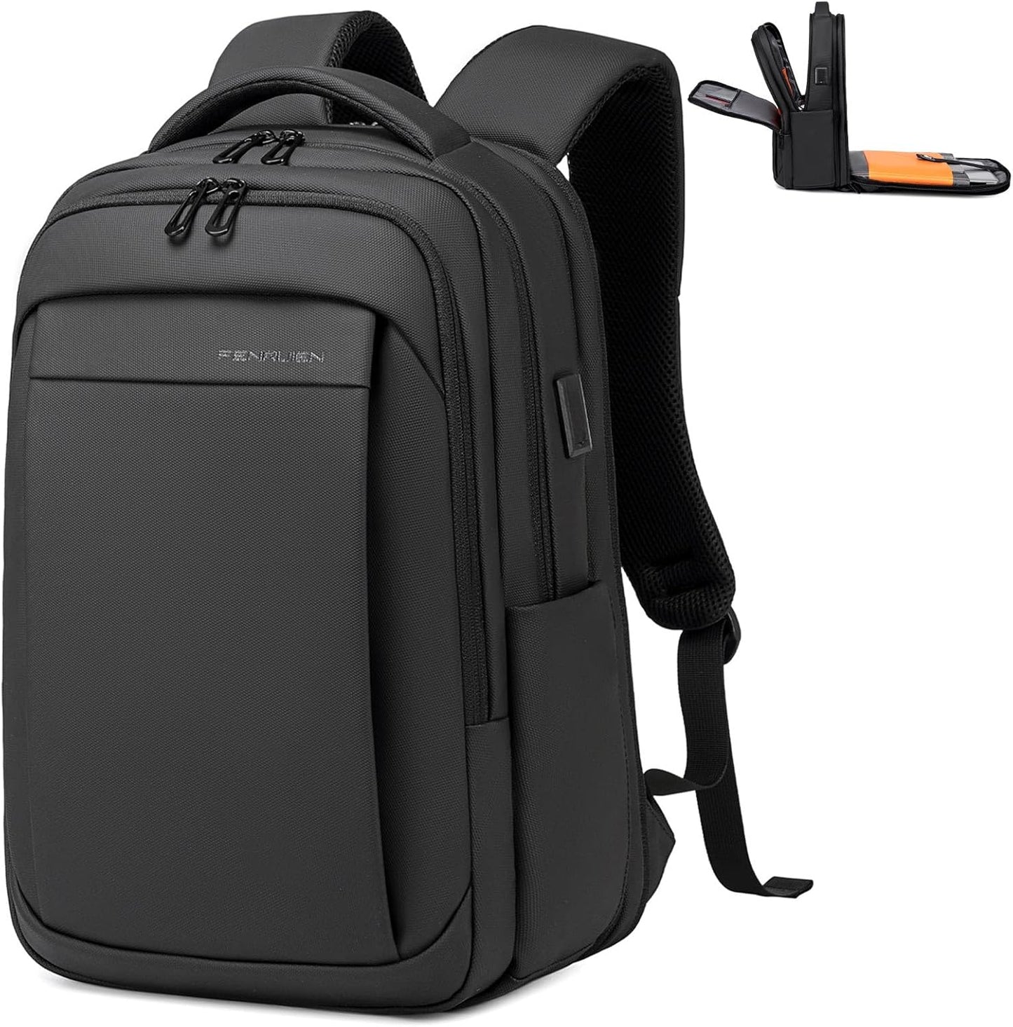 FENRUIEN Expandable Travel Backpack for Men, Water Resistant Computer Backpack with USB Charging Port，Black Laptop Bag 15.6 Inch