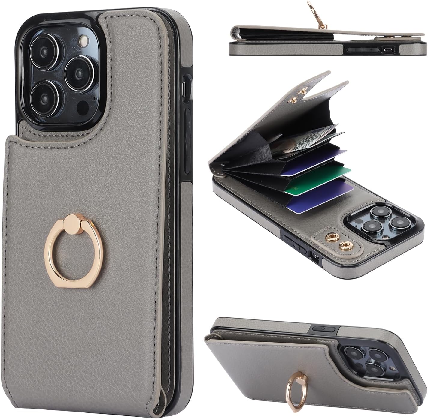 Folosu Compatible with iPhone 14 Pro Max Case Wallet with Card Holder, 360°Rotation Finger Ring Holder Kickstand, RFID Blocking Leather Protective Double Buttons Shockproof Cover 6.7 Inch Gray