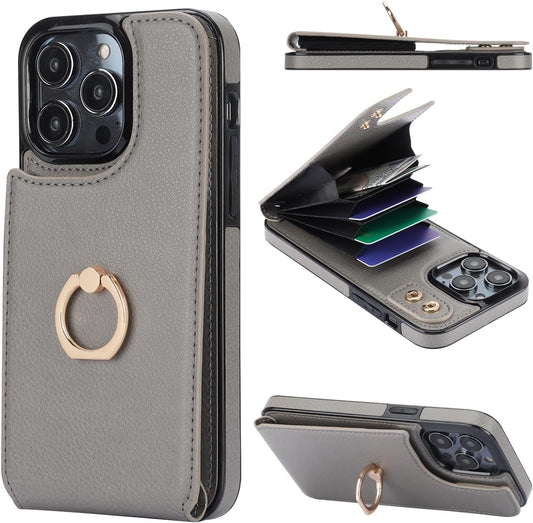 Folosu Compatible with iPhone 14 Pro Max Case Wallet with Card Holder, 360°Rotation Finger Ring Holder Kickstand, RFID Blocking Leather Protective Double Buttons Shockproof Cover 6.7 Inch Gray
