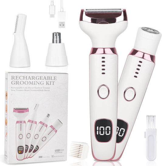 Electric Razors LED Display for Women Men, 2025 Wet/Dry Lady Shaver,4 in 1 Cordless Hair Remover with IPX7 Waterproof,Smooth & Silky Portable Bikini Electric Grooming Set (Pink & White)