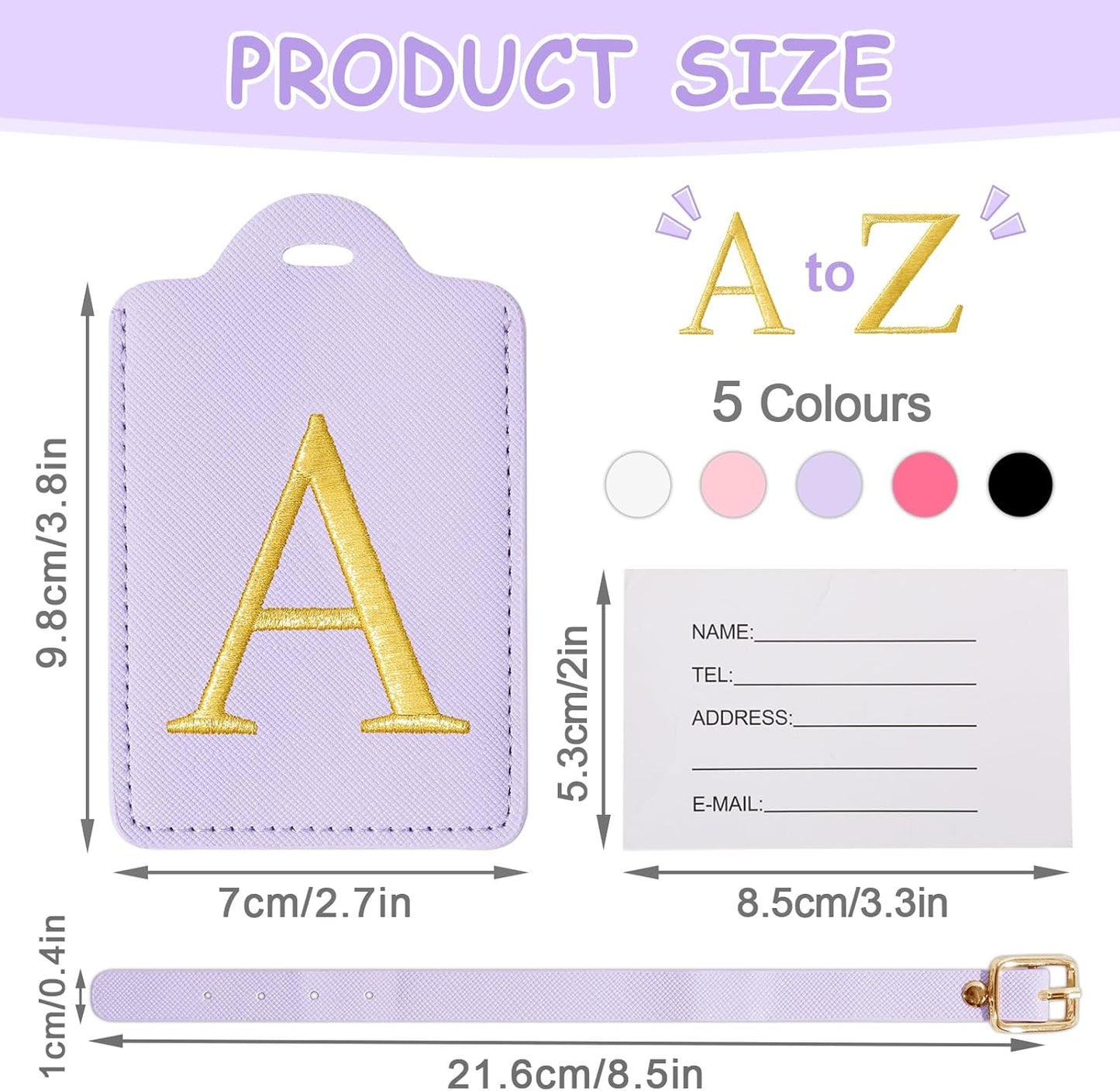 Initial Luggage Tags for Suitcases, Cute Embroidered Letter Luggage Bag Suitcase Identifier Name Baggage Tag, PU Leather Travel Luggage Tags, Bag Tags for Men Women Kids Luggage Handbags(Purple A)