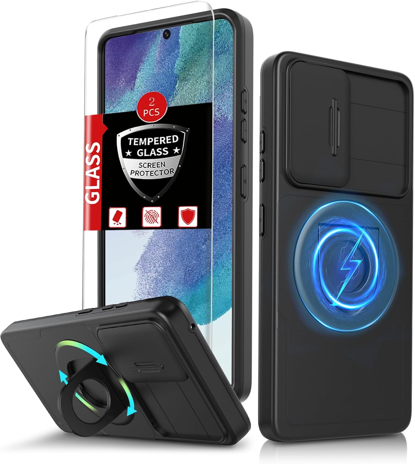 for Samsung Galaxy s21 FE Case Magnetic Compatible with MagSafe Wireless Charging,with 2 Screen Protectors,Built-in Stand Ring+Camera Cover Anti-Scratch Shockproof Heavy Duty Protection Black