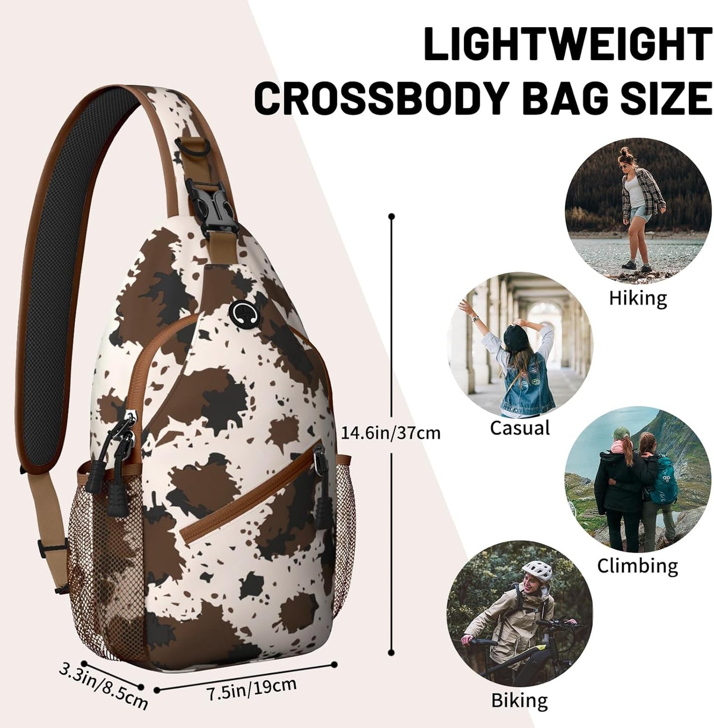 Brown Cow Print Sling Bag Crossbody Chest Bag for Women Men, Water Resistant Lightweight Casual Crossbody Bag with Adjustable Strap, Travel Hiking Daypack Shoulder Backpack