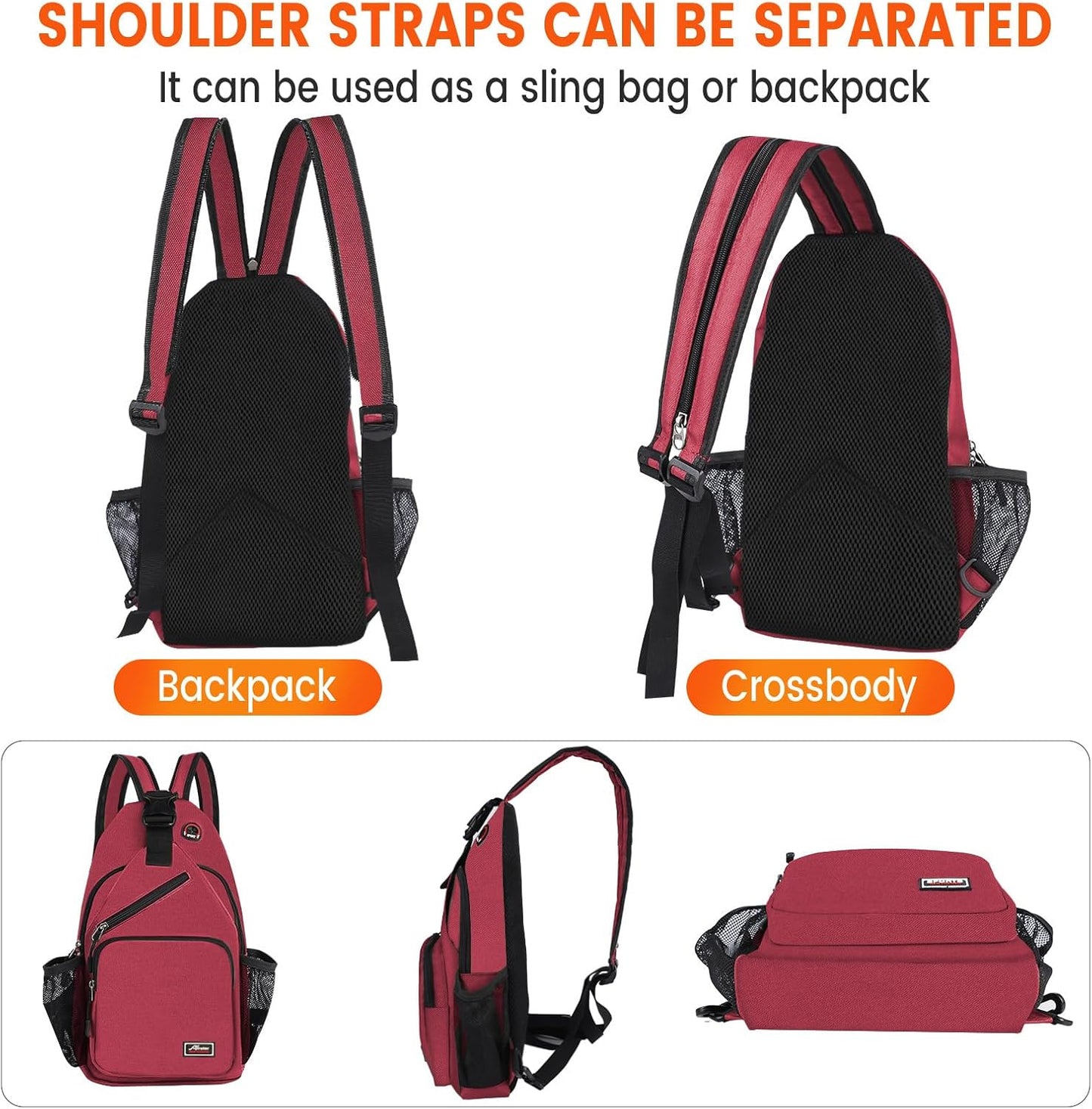 Crossbody Sling Backpack Men and Women Sling Bag Shoulder Backpack Travel Hiking Chest Bag Daypack (Red)