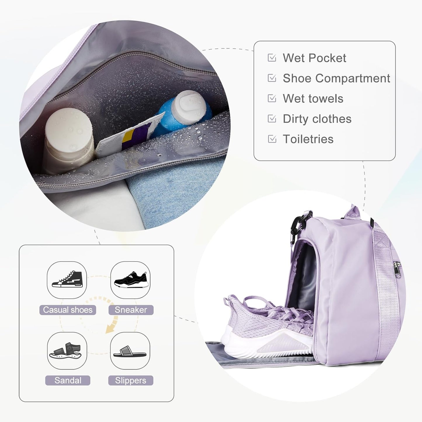 Gym Bag for Women with Shoes Compartment,Small Duffel Bag Sport bag with Toiletry Bag Overnight Travel Tote Bags Weekender Carry on Bag Personal Item Bags for Airlines Light Purple