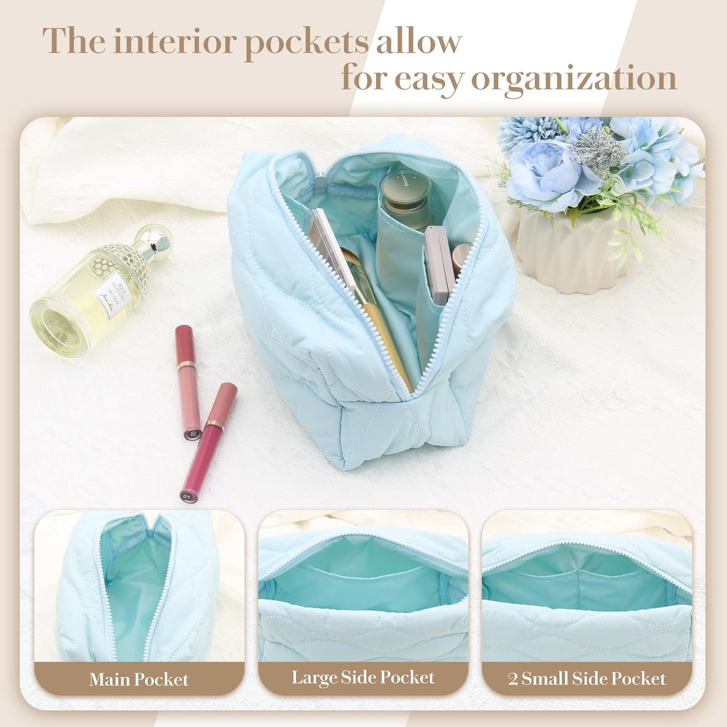 Make up Bag Travel Cosmetic Bag for Women Girls Zipper Puffy Padded Makeup Organizer Waterproof Portable Pouch Purse Lightweight Toiletry Accessories Storage Lake Blue