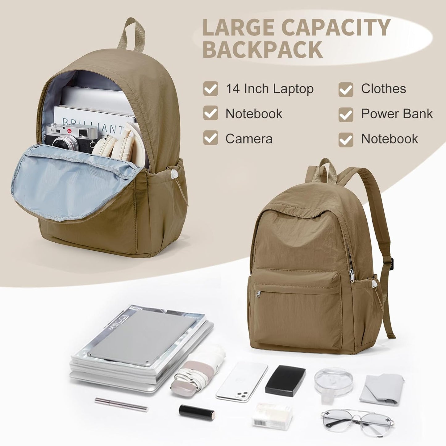Simple School Backpack For Women Men Aesthetic Medium Backpack Lightweight Casual Daypack College Backpacks Cute Bookbag for Teens Girls Boys Basic Bagpack（Brown）