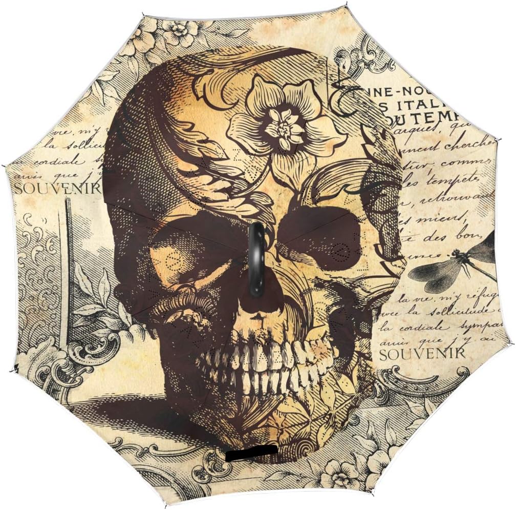 ALAZA Vintage Tattoo Skull Windproof Inverted Open Close Reverse Rain Umbrella Inside Out Quality Waterproof Parasol Upside Down Stick Shelter with Hook c Handle
