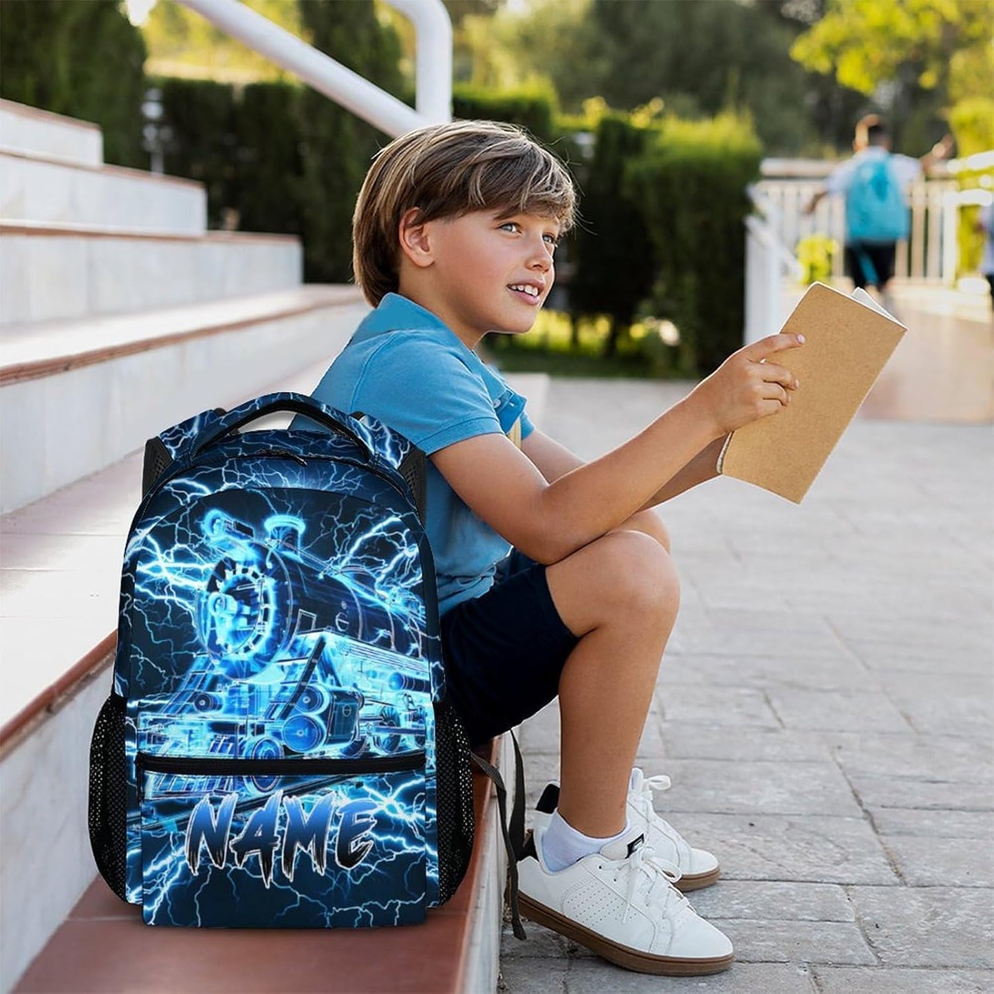 Kids Backpack for Boys, Personalized Train Schoolbag Casual Bag for Primary Senior Middle, 17 Inch Lightweight Durable Custom Lightning Backpacks, Cool Back to School Gift