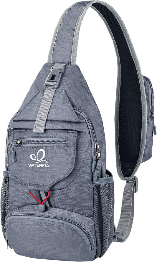 WATERFLY Packable Small Crossbody Sling Backpack Shoulder Chest Bag Daypack for Hiking Traveling Grey