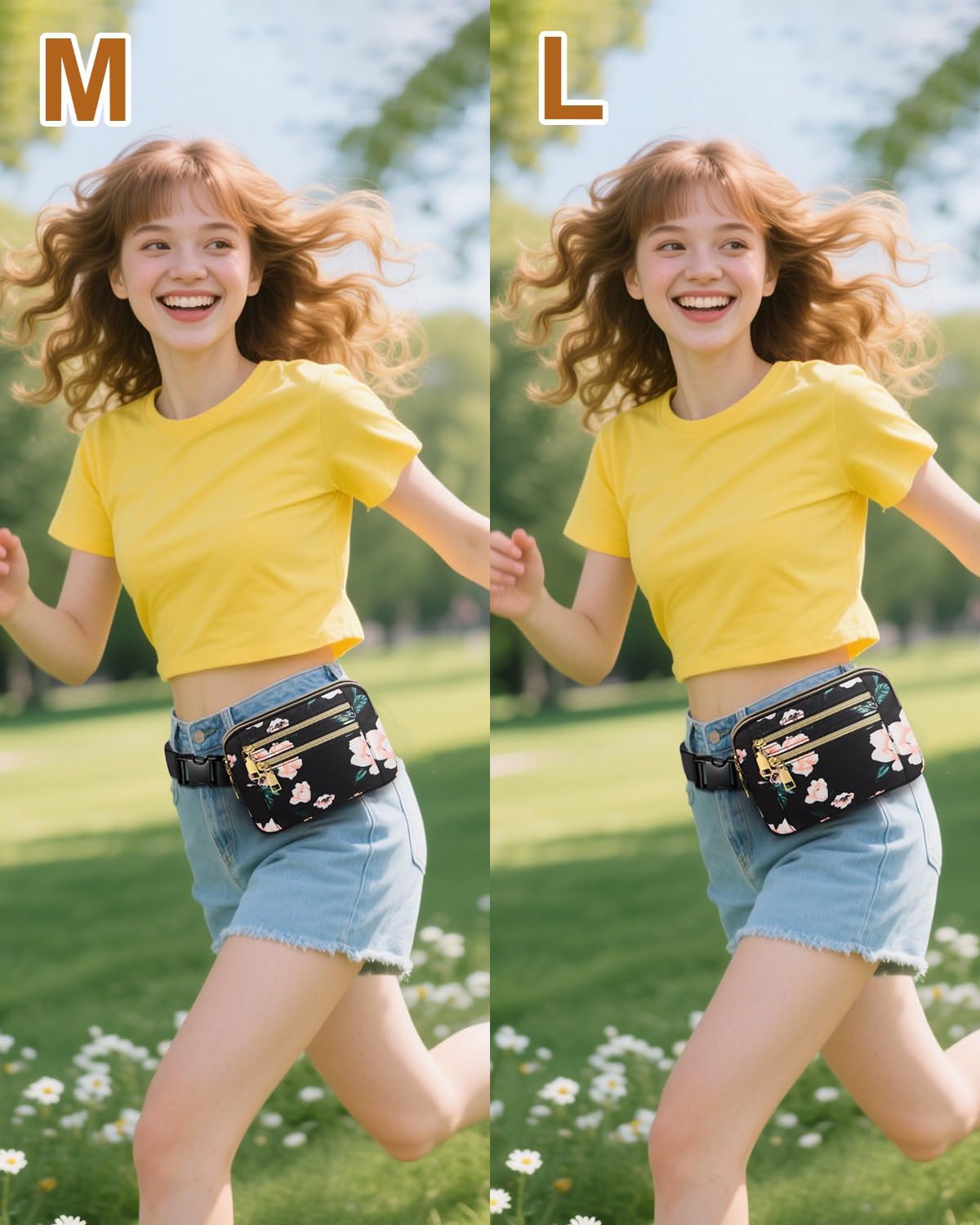 Capolo Fanny Packs for Women Fashion Waist Packs Bag with Adjustable Strap and 4 Zipper Pockets Waterproof Everywhere Crossbody Belt Bag for Workout Running Travelling(Black Flower, Large)