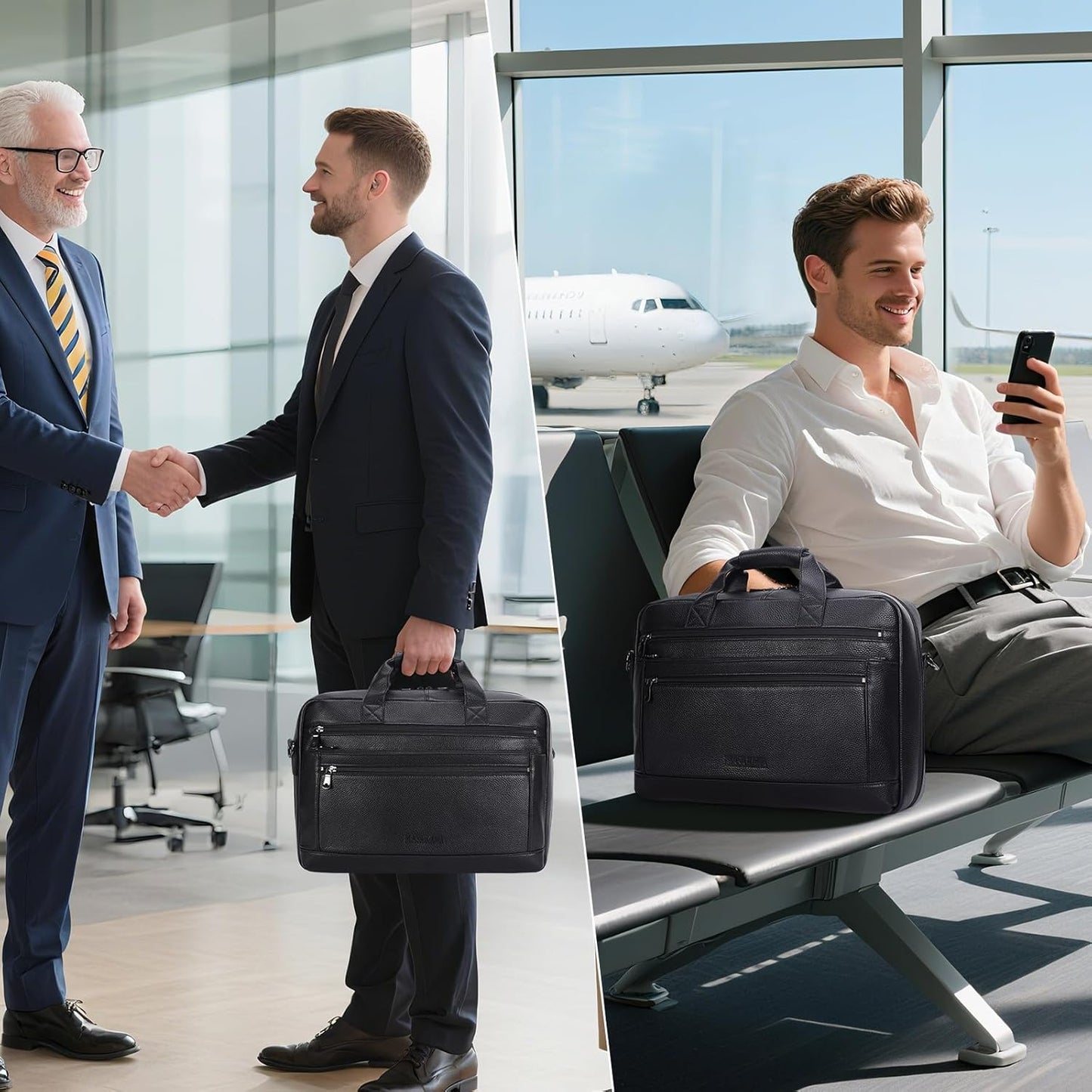 Masa Kawa Men’s Leather Briefcase for 16" Laptop Waterproof Crossbody Shoulder Messenger Bag Computer Attache Case for Business Travel Work, Black