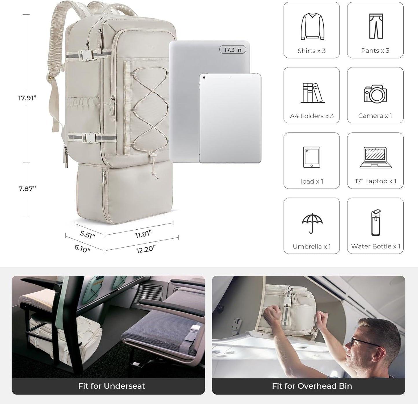 CLUCI Travel Backpack 30L, Waterproof Laptop Backpack Fits 17.3 Inch Laptop, Carry On Backpack with shoe compartment, Durable Expandable Gym, Large Hiking Backpack for Men Women（White）