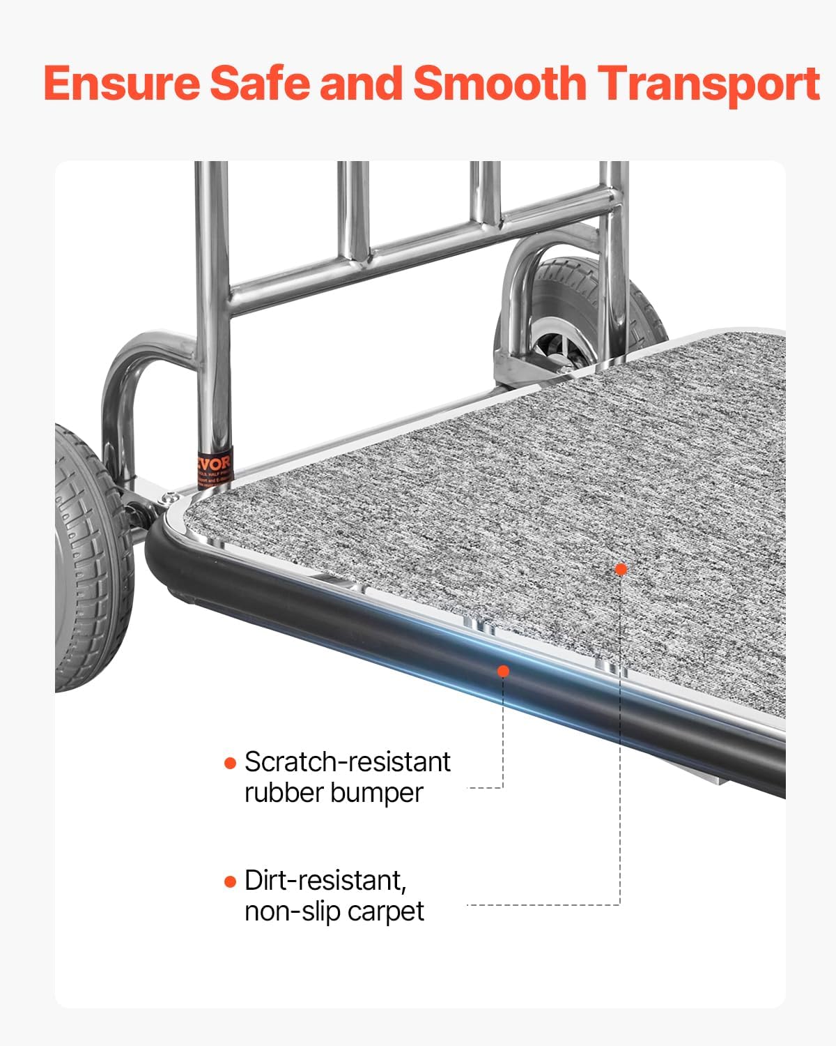 VEVOR Luggage Cart, 600 LBS Load Capacity, 3 Wheel Stainless Steel Bellman Cart, Valet Kart with Grey Carpeted Deck and Rubber Wheels, Ideal for Convention Centers, Hotels, Rental Properties, Silver