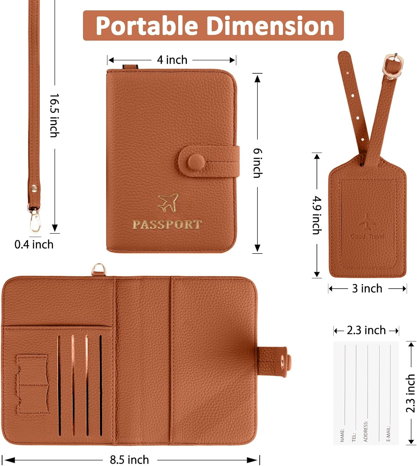 Passport Holder RFID Protected Wallet and Luggage Tag with Protection Cover Travel Accessories Leather Card Case Organizer for Women Men (Brown)