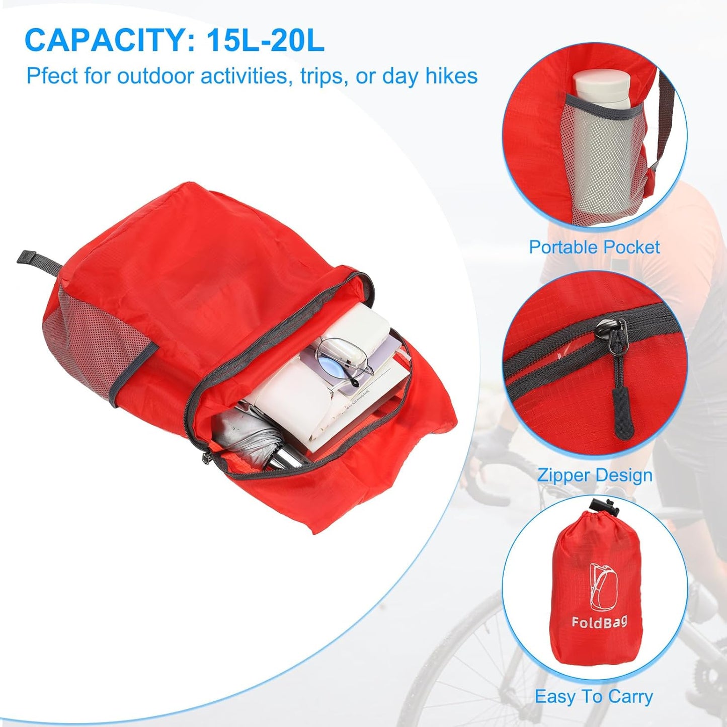 PATIKIL Hiking Backpack, 15L-20L Packable Lightweight Backpack Daypack Small Foldable Outdoor Camping Cycling Backpacking Shoulder Bag, Red