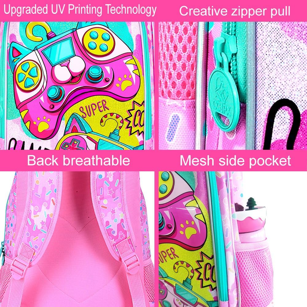 KLFVB 3PCS Girls Game Backpack, Water Resistant Kids Bookbag with Lunch Box, 16" Preschool Backpacks for Elementary - Game Pink