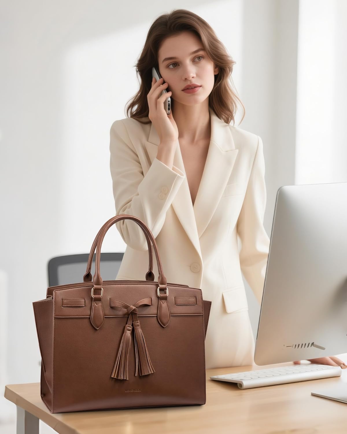 LOVEVOOK Laptop Bag for Women,Work Tote Bag with Large Cup Holder,Leather Computer Bag Teacher Bag Handbag Gifts for Women