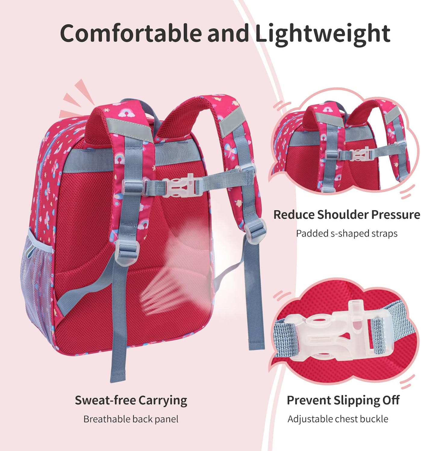 Kids Backpack for Girls - 15 Inch Backpack for Kids 3 to 8, Lightweight Bookbag for Preschool Kindergarten Elementary School, Insulated Pocket, Safe Reflective Stripe, Rose Pink Butterfly