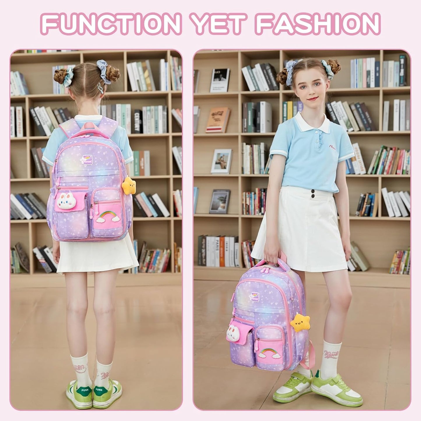 3PCS Kids Backpack for Girls, Girls Backpack Set,Cute Bunny Rainbow School Backpack with Lunch Box Pencil Case 16.5in