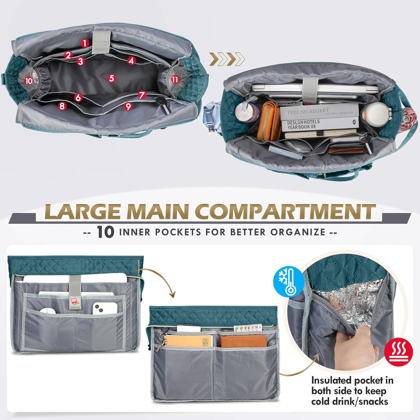RAINSMORE Teacher Tote Bag 15.6 inch Laptop Bag for Women Work Bags Laptop Tote Nurse Bag Professional Computer Messenger with Insulated Pocket, Laptop Briefcase for Office, College, Nursing, Teal