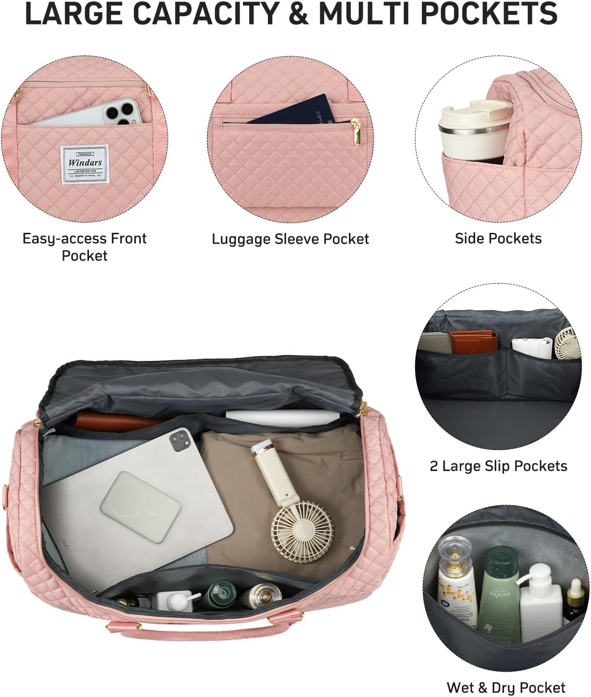 Travel Duffle Bag, Weekender Bags for Women with Shoe Compartment, Overnight Bag with Toiletry Bag, Carry On Duffel Bags For Airplanes, Yoga Gym Duffel Bag, Pink
