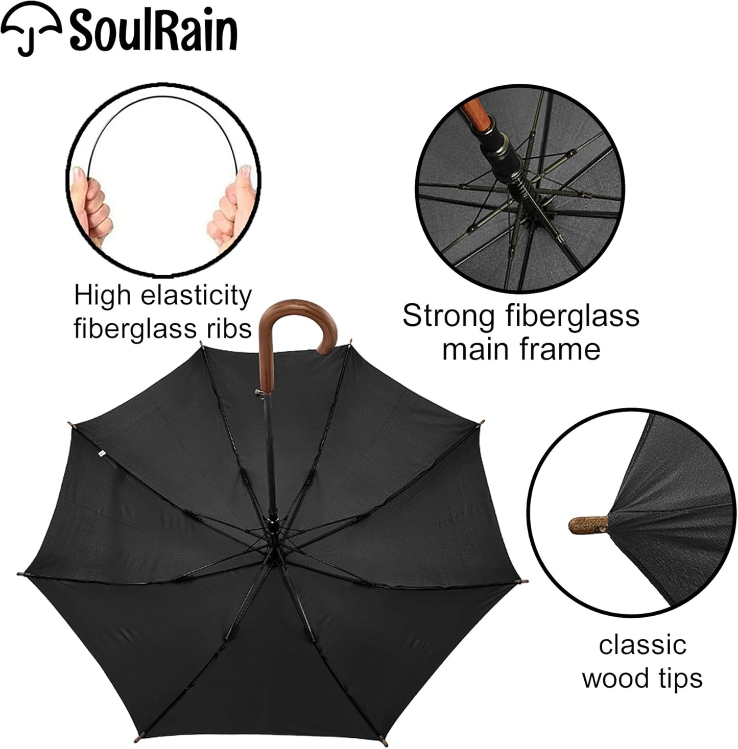 SoulRain 48" Black Umbrella – Stick Windproof Large Umbrellas for Rain, Automatic Open for 2 Persons, Classic Wooden Handle, Durable Travel & Wedding Vintage Cane Umbrella for Men & Women(Black)