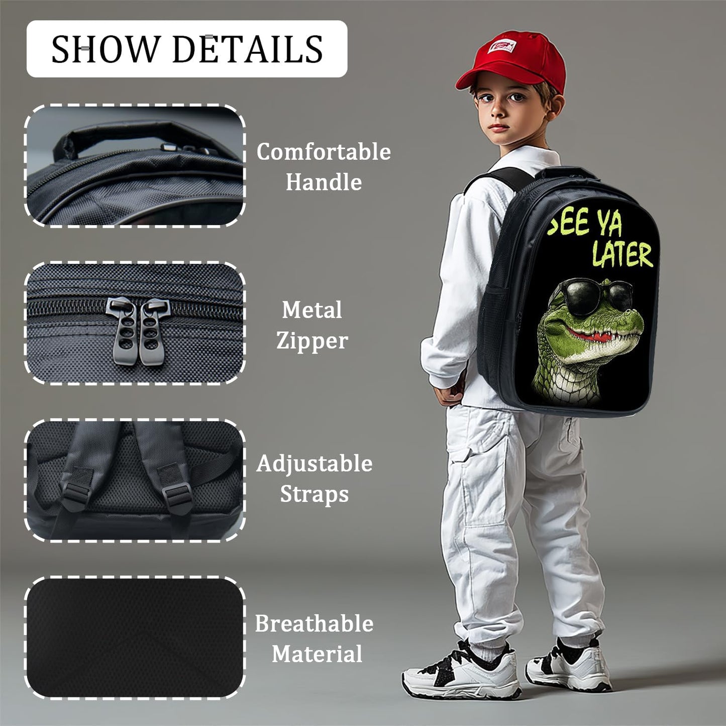 Funny Crocodile Backpack Cool School Bag 3PCS Backpack 16 Inch with Lunch Bag Set Lightweight for Teen Boys Girls Kids Elementary Middle School