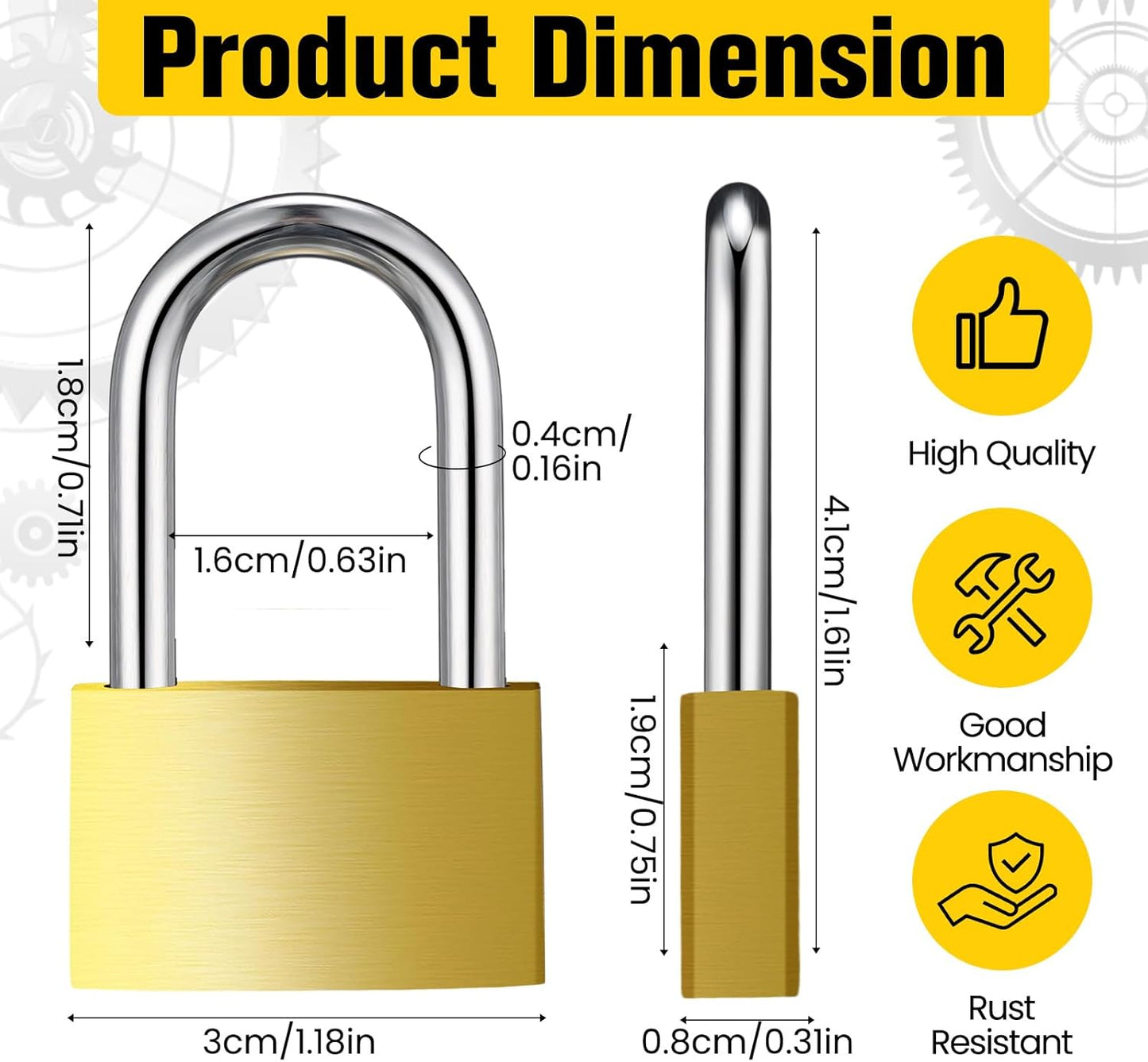 4 Pcs Solid Brass Keyed Padlock, Small Yellow Gym Lock, Strong Padlock with Same Key for Luggage Toolbox (30mm 1-3/16'')