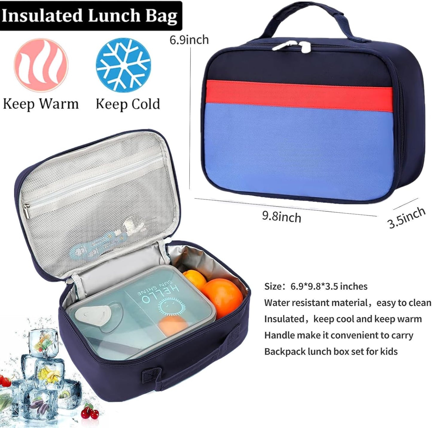 Kids Backpack Lunch Box Set Elementary School Backpacks 5-9 Years for Boys and Girls with Chest Buckle (Set Navy Blue, Large-17 H)