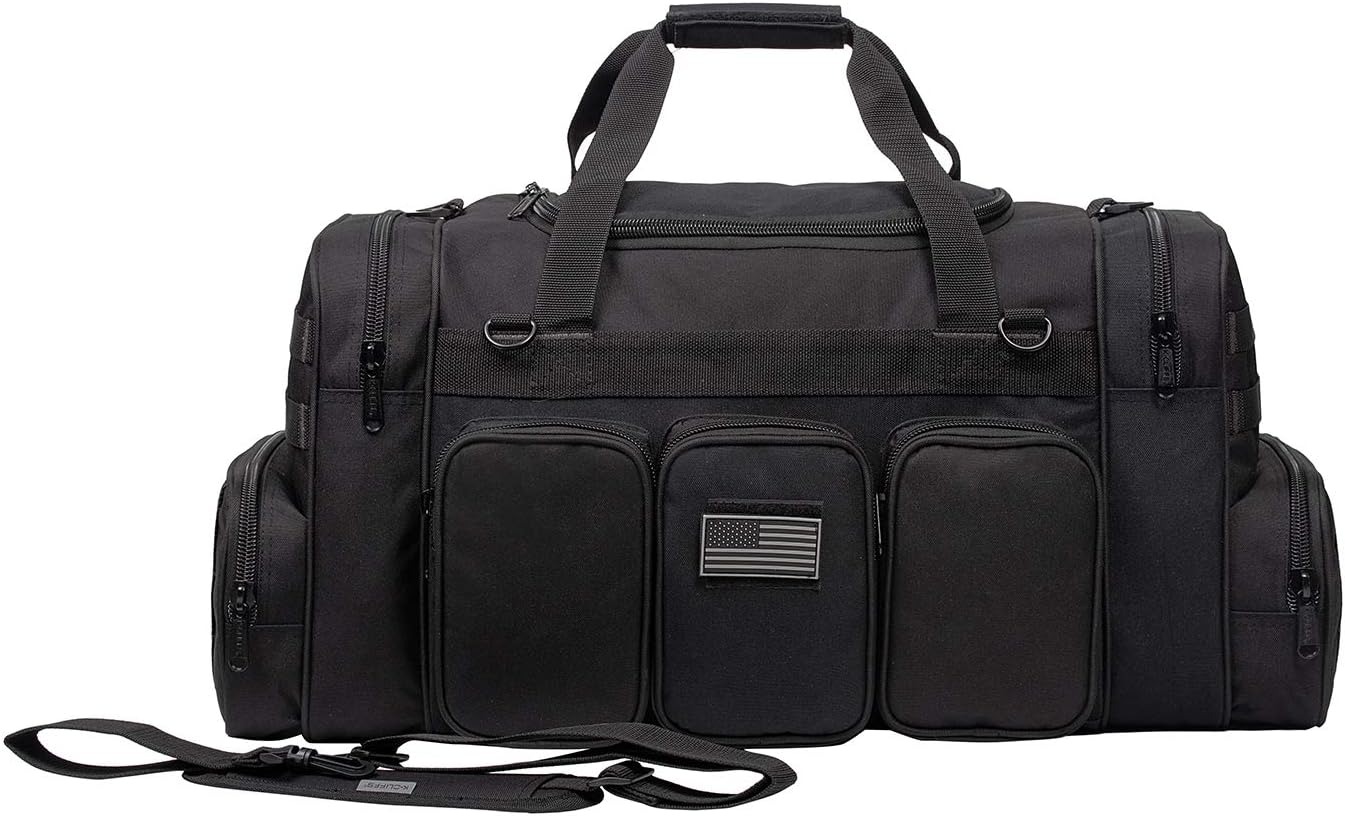K-Cliffs Heavy Duty Tactical Range Duffel Quality Gear Travel Sports Gym Equipment Bag Military Molle Lockable Zippers with US Flag Patch 27 Inch Black