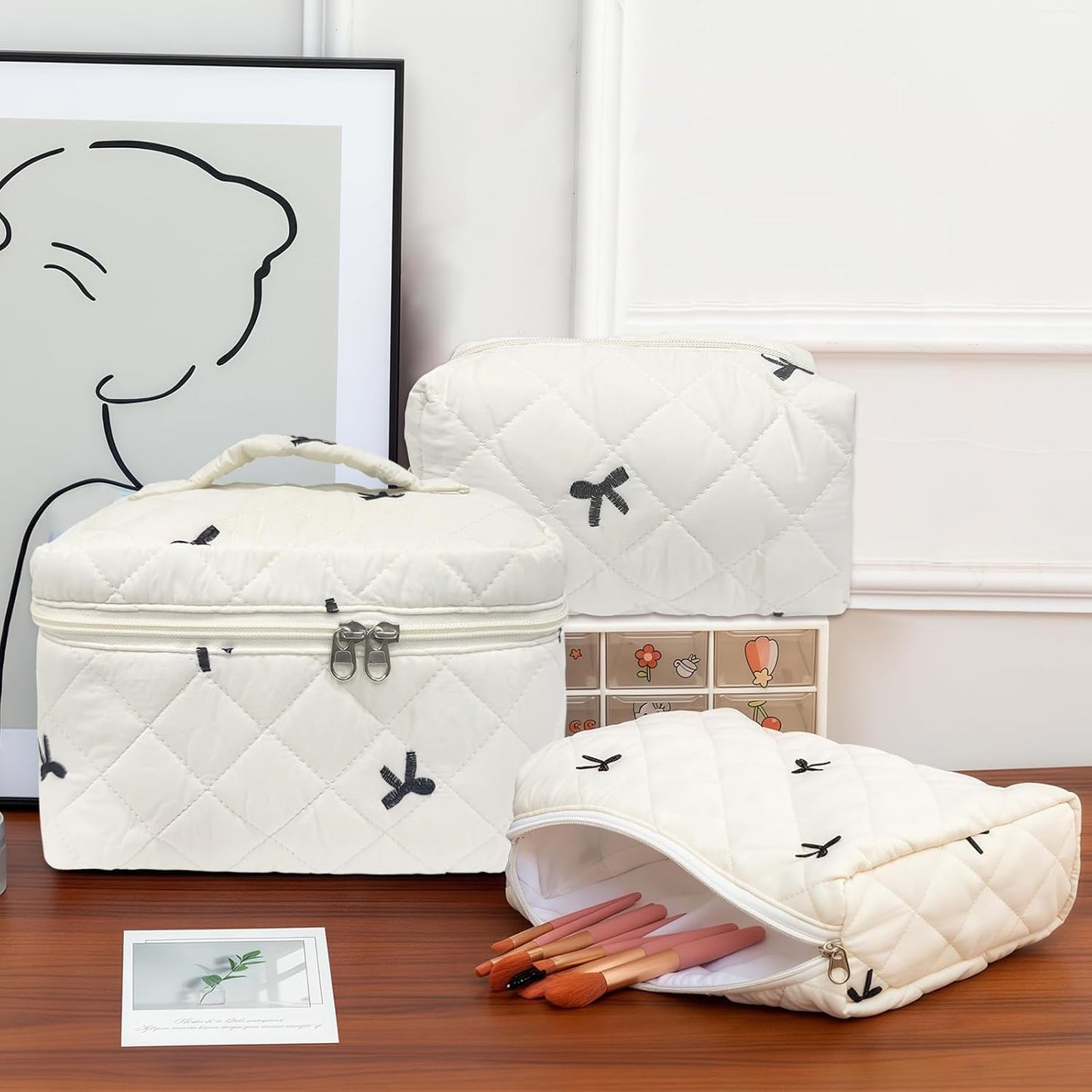 Quilted Makeup Bag, Large Capacity Travel Cosmetic Bag for Women and Girls, Aesthetic Storage for Daily and Travel Use (4pcs-embroidered Bow)