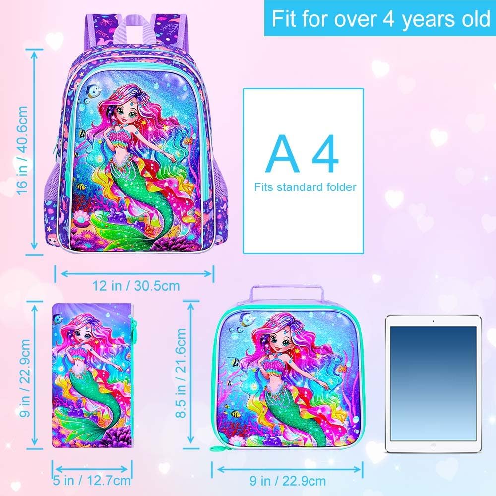 3PCS Girls Mermaid Backpack, Water Resistant Kids Bookbag Set with Lunch Box，Cute Elementary School