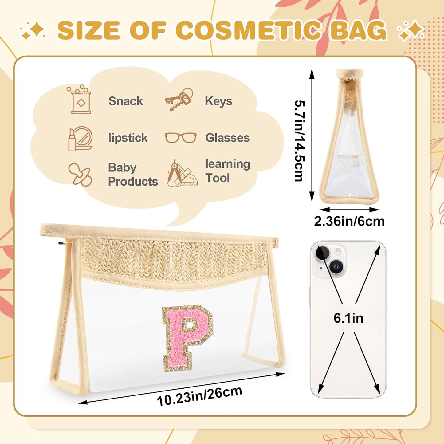 Small Boho Straw Initial Letter Makeup Bag Personalized Gift ,Cute Clear Chenille Patch Makeup Bag With Zipper,Trendy TSA Approved Travel Toiletry Bag,Gift for Women Girls Birthday Friend, Letter P