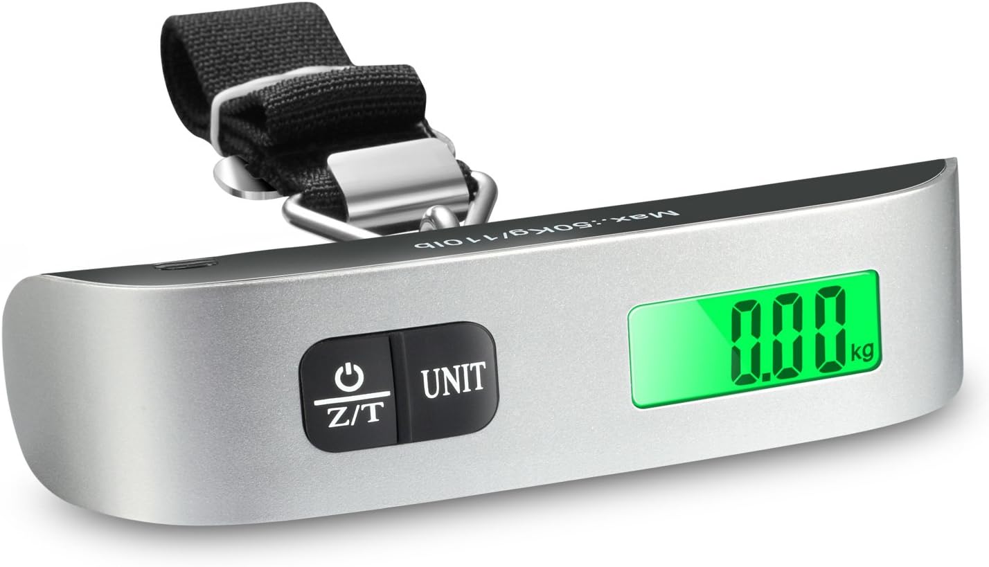 Fosmon Digital Luggage Scale, LCD Display Backlight Temperature Baggage Scale with 110lbs Capacity, Portable Stainless Steel Hanging Luggage Weight Scale with Tare Function for Travelers - Silver