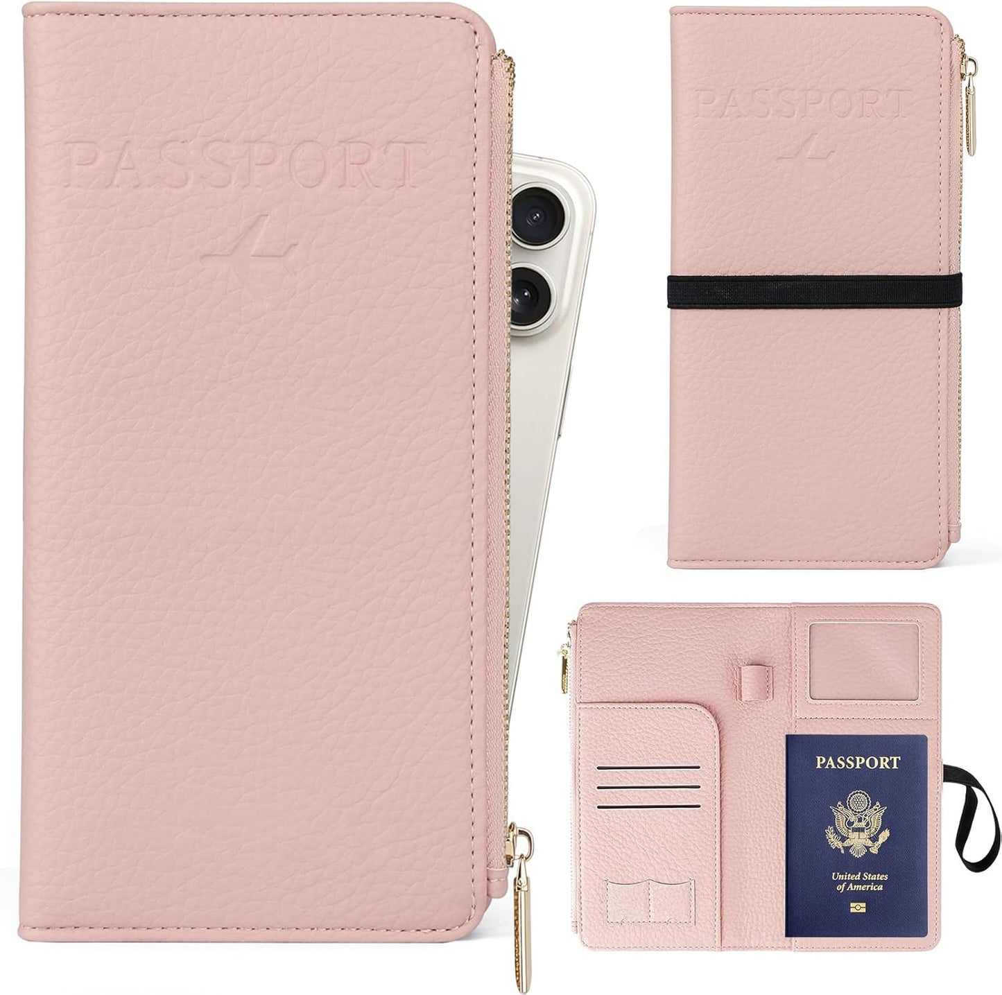Real Leather Wallet RFID Blocking Passport Holder with Zipper Pocket Travel Organizer Pink (Pink)