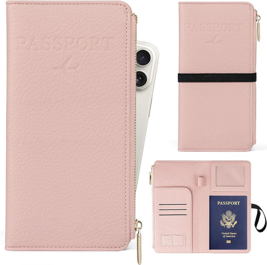 Real Leather Wallet RFID Blocking Passport Holder with Zipper Pocket Travel Organizer Pink (Pink)