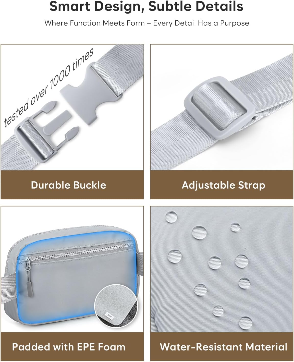 Fanny Packs for Women Cross Body Bag Waterproof Belt Bag with Adjustable Strap and Zipper Back Pocket Small Crossbody Bags Fashion Waist Packs for Workout Travelling(Light Gray)