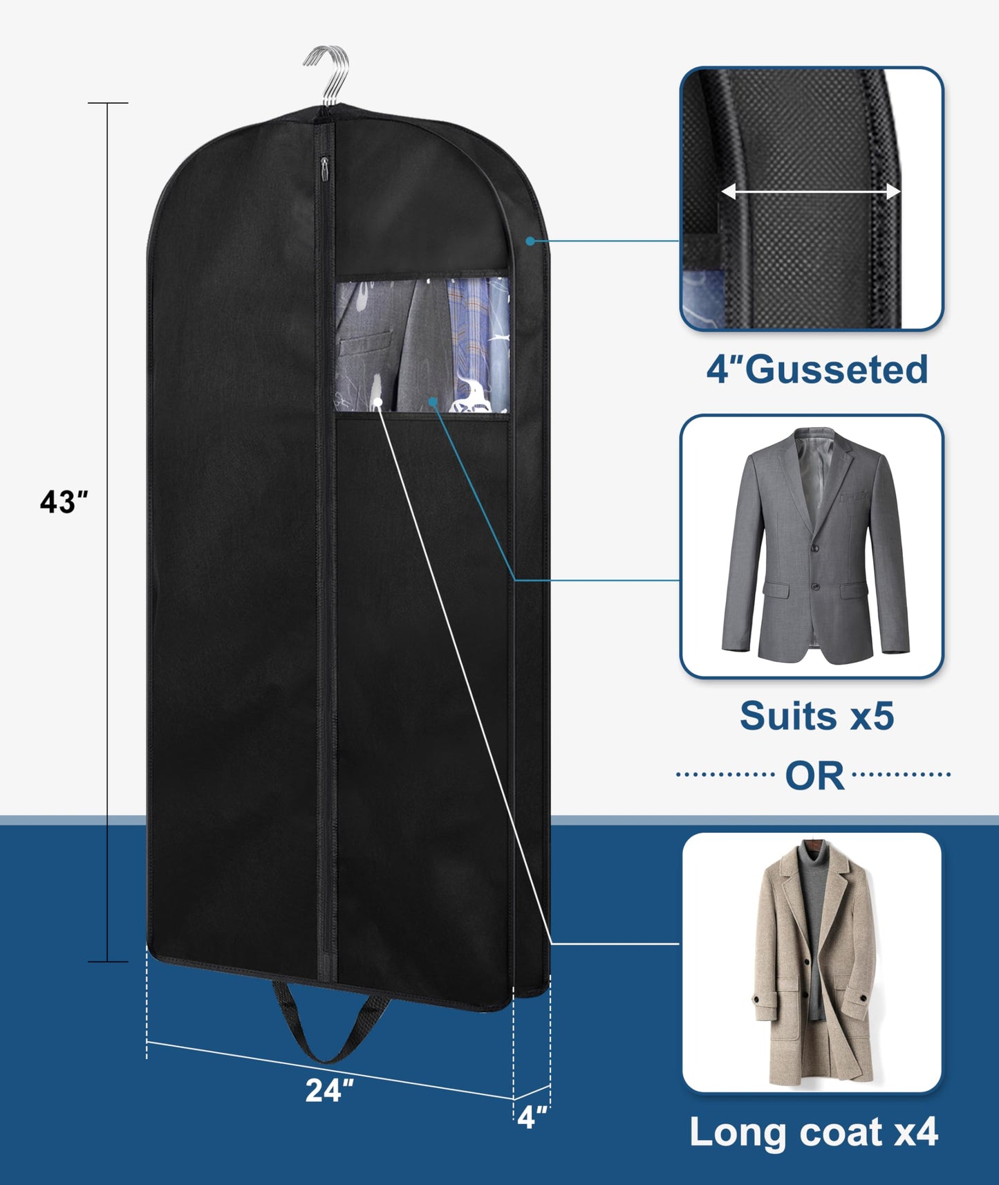 KIMBORA 43" Suit Bags for Closet Storage and Travel, Gusseted Hanging Garment Bags for Men Suit