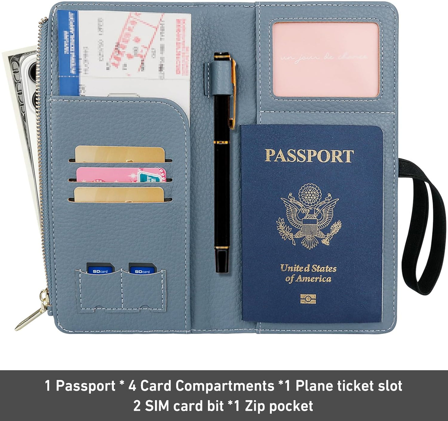Real Leather Wallet RFID Blocking Passport Holder with Zipper Pocket Travel Organizer Pink (Light blue)
