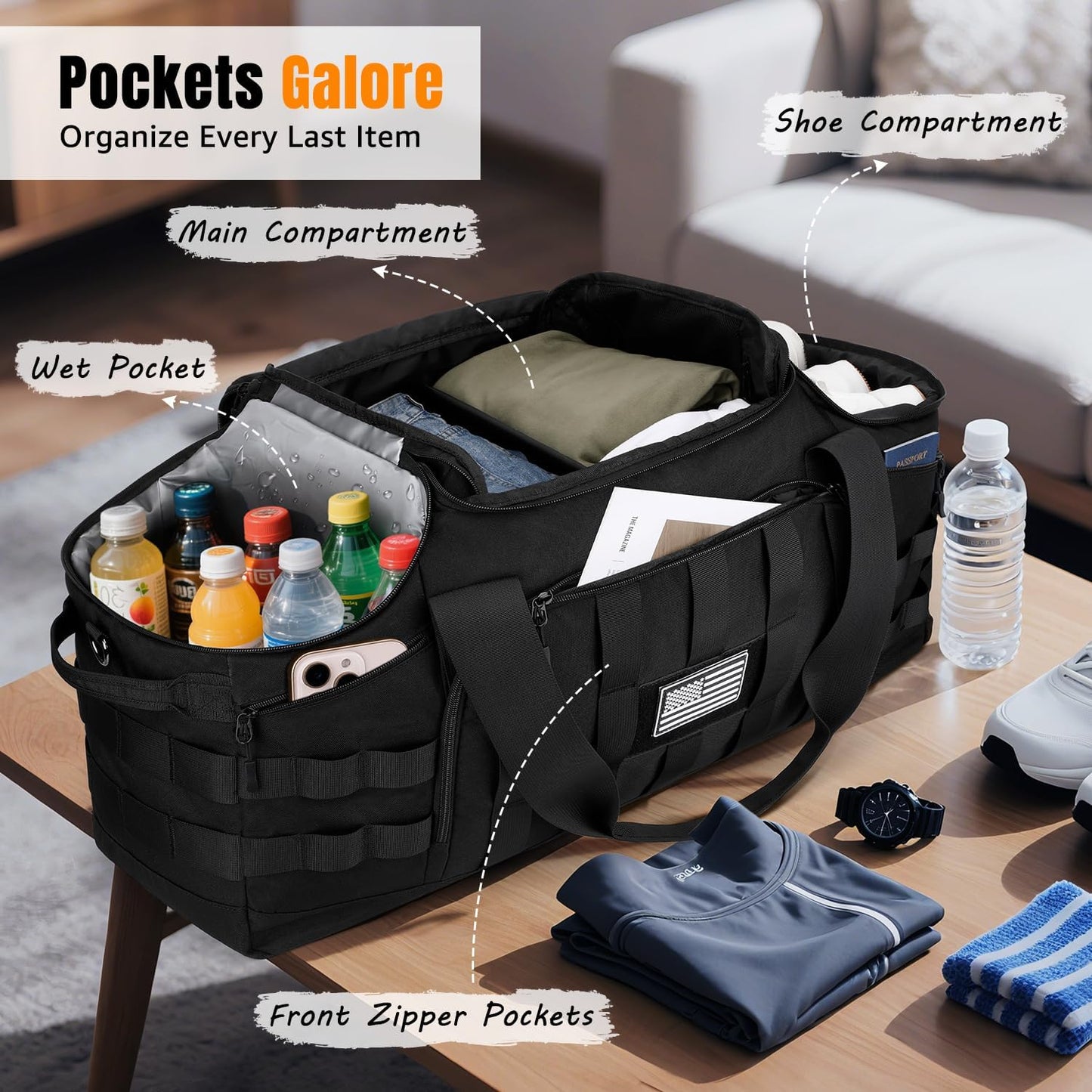 ETRONIK 75L Tactical Gym Bags for Men, Large Duffle Bag with Removable Dividers & Shoe Compartment, Waterproof Duffel Bag with Wet Pocket for Traveling, Heavy Duty Military Bag for Travel Sports Black