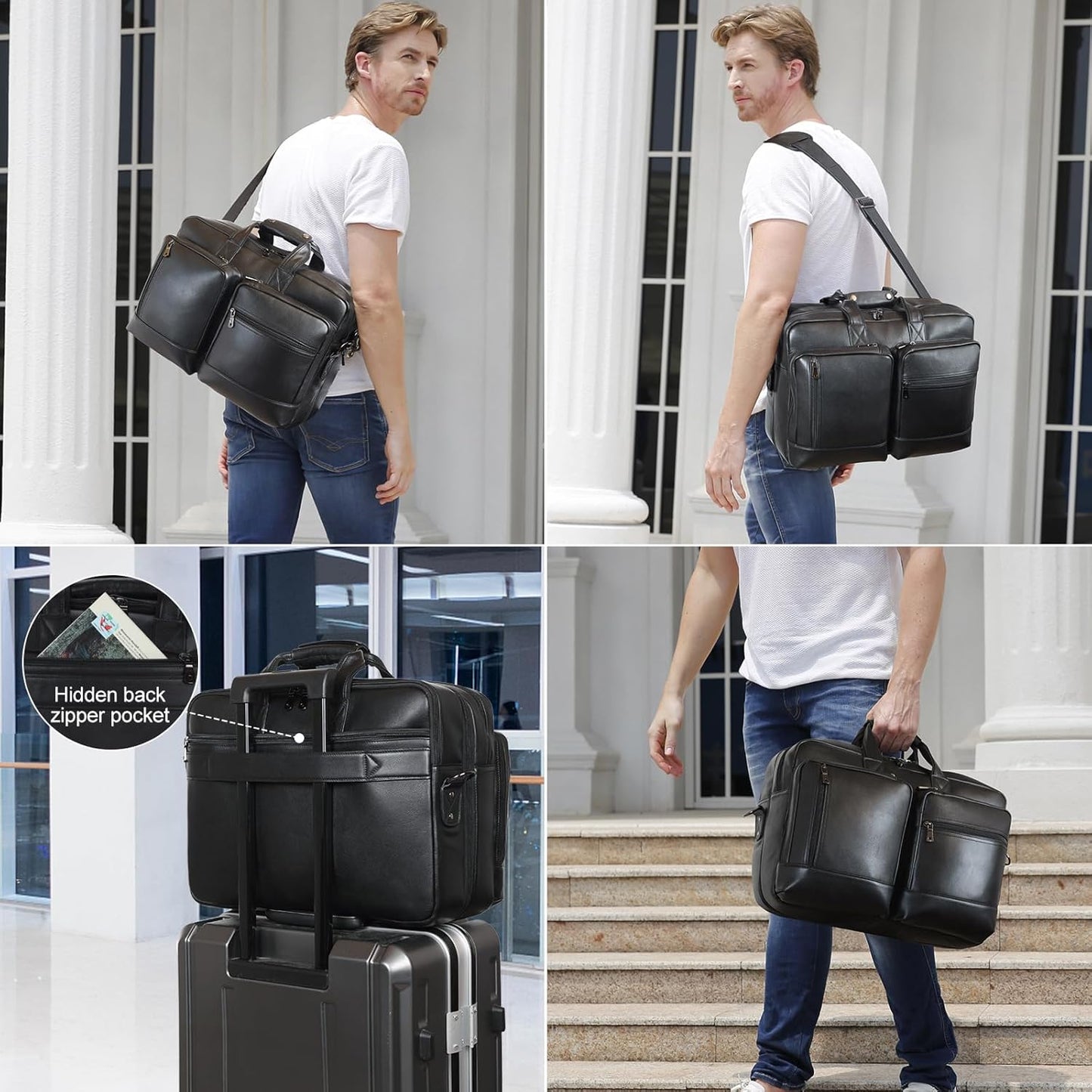 Leather Briefcase for Men Expandable Large 17 Inch Laptop Crossbody Shoulder Bag Business Travel