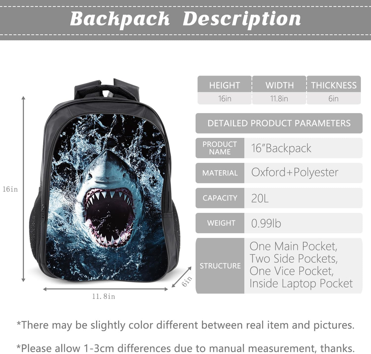 Shark Backpack Ocean Kids Bookbag 16inch Schoolbag With Lunch Box Bag And Pencil Case Set For Boys Girls